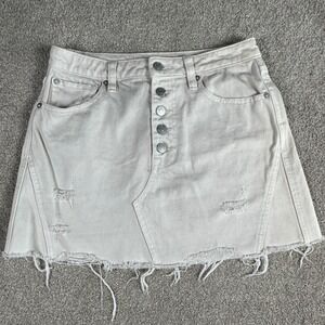 WE THE‎ FREE Distressed Denim Button Fly Mini Skirt Cream Size 27 Grunge Boho